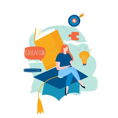 Eğitim, uzaktan eğitim, internet eğitimi, e-öğrenme, uzaktan öğrenme düz vektör çizimi. Çevrimiçi sınıflar, eğitim kursları, dersler, mobil ve web grafikleri için ev öğrenimi tasarımı