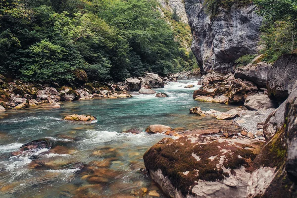 Rio rochoso rápido no desfiladeiro com água azul e rochas — Fotografia de Stock
