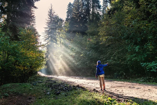 Stopař mladá žena na cestě v lese s mlhou. Vintage styl fotografie z mladé ženy je tažné zařízení hikeing — Stock fotografie