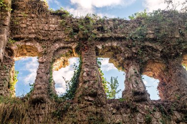 Ivy antik taş duvar penceresinde. Gürcistan'da turizm