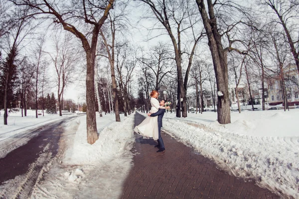 Elegante elegante sposo ascensore sulle sue mani sposa nel parco innevato — Foto Stock
