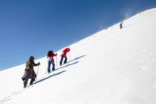 Альпіністська група туристів, що піднімаються на сніг покритий мо — стокове фото