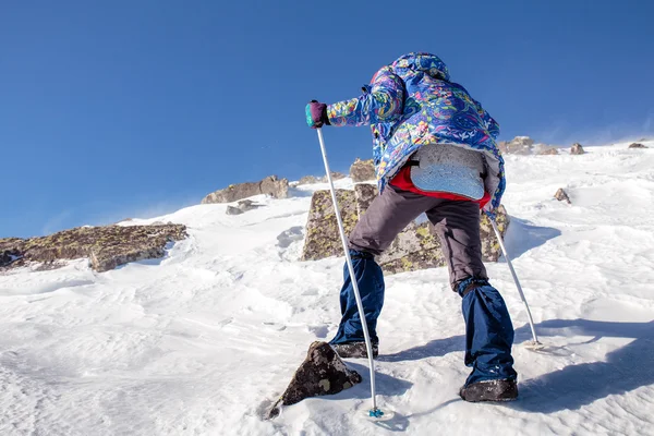 Один альпініст на схилі гори взимку — стокове фото