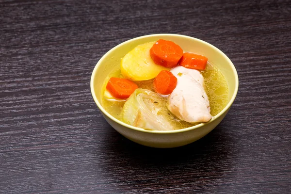 Tatar national Lagman soup with meat and vegetables and a piece — Stock Image Tatar national Lagman soup with meat and vegetables and a piece Stock Image