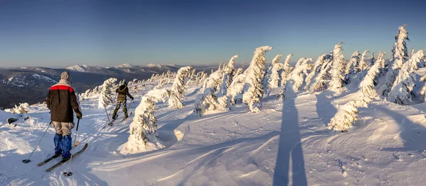 Síelők, túrázás és egy hátizsák, a hegység télen és f csoport — Stock Fotó