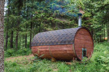 Ormandaki alışılmadık Ahşap sauna. Yaz aylarında göl yakınındaki Hamam.