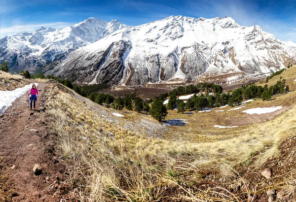 Hiker woman walking on mountain trail with hiking sticks, looking at view in Elbrus region, Caucasus mountains