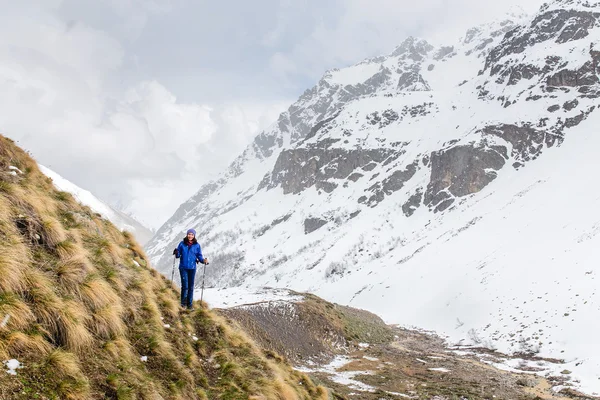 Turysta turystyczne chodzenia w górach w pobliżu snowfield i lodowiec. Offseason trekking koncepcja — Zdjęcie stockowe