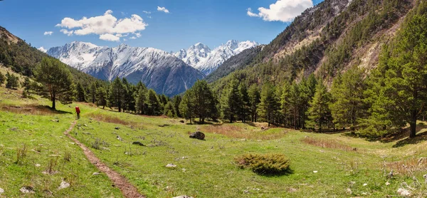 Vandra med ryggsäck på skogsstig. Himalaya i bakgrunden, klar blå himmel, Nepal. — Stockfoto