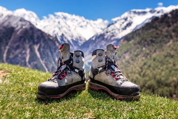 Треккинговые ботинки на свежей траве в летнее время. Снежные горы на заднем плане — стоковое фото