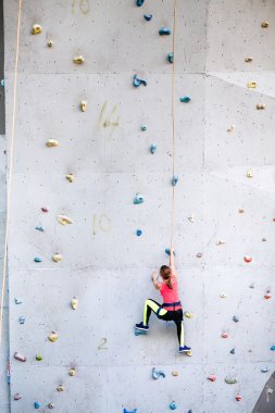 active young woman on rock wall in sport center clipart