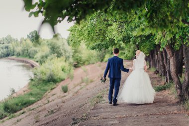 Arkadan görünüş-eller kaç aşk, gelin ve damat içinde açık alanda yürüyüş tutma.
