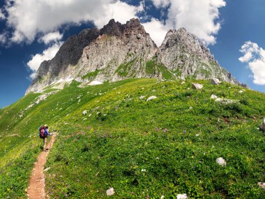 Kadın turist ön planda yeşil çimenlerin üzerinde yürüyüş kar ile yüksek Dağları ile