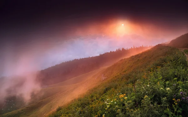 Vacker sommar landskap i bergen. Sunrise — Stockfoto