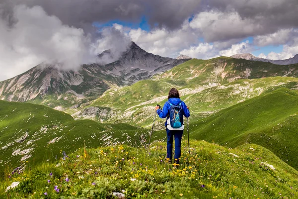 Kadın dağ çayır Yaylası üzerinde seyahat — Stok fotoğraf