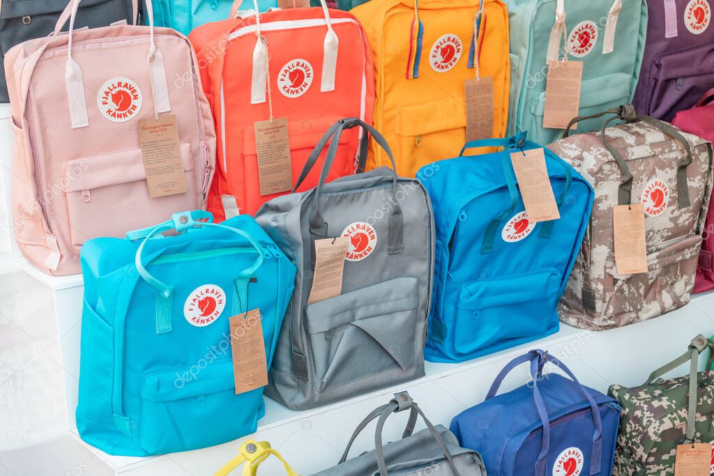 09 September 2020, Dalyan, Turkey: Kanken Fjallraven fashion brand backpacks for sale in local shop