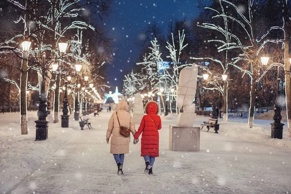 Gelukkige Vrouwelijke Vrienden Wandelen Avond Winter Park Stoep Tegen Achtergrond — Stockfoto