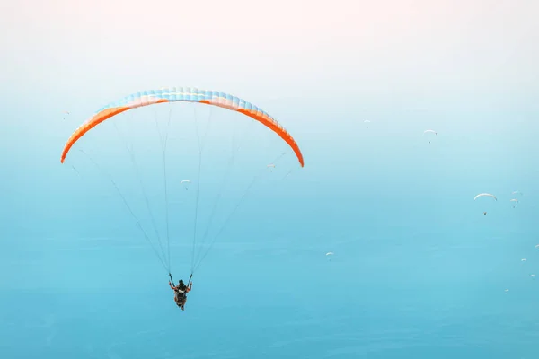 青い空を飛ぶパラグライダーのグループ 極端な空気活動やスポーツの概念 背景の青い海 — ストック写真