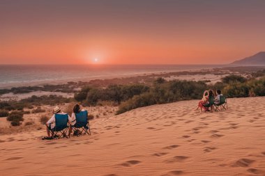 10 Eylül 2020, Patara, Türkiye: bir grup gezgin kamp sandalyelerinde oturur ve Patara sahilinin kum tepelerinde güneşin çarpıcı batışını seyrederler.
