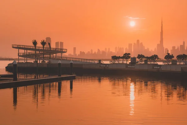 Dubai Creek Marina District Pôr Sol Com Vista Para Famosa — Fotografia de Stock