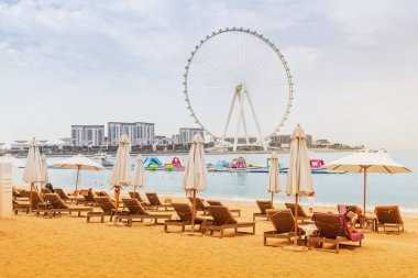 Golden sand between rows of sun chairs and beach umbrellas in the JBR district in Dubai. Ferris wheel at the background. Recreation and vacation in the UAE