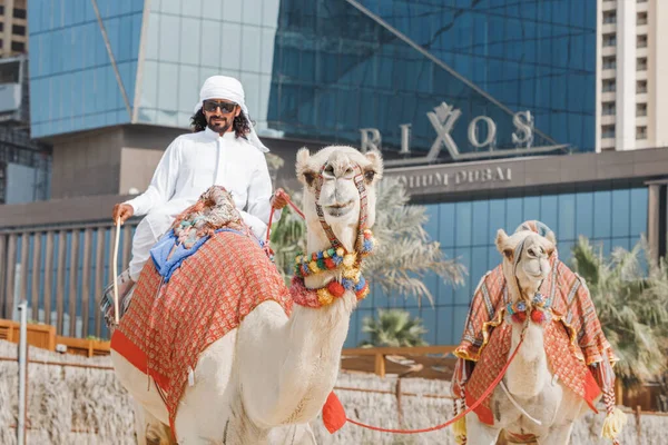 Febrero 2021 Dubai Emiratos Árabes Unidos Conductor Camello Traje Árabe — Foto de Stock