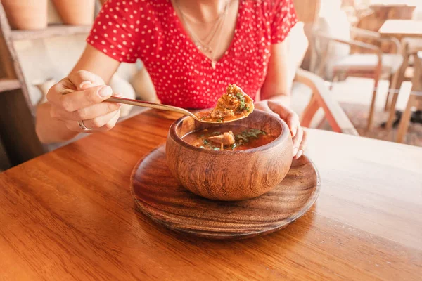 Happy Woman Eats Kharcho Soup Georgian Cuisine Hungarian Meat Goulash — Stock Photo, Image