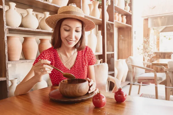 Asian Woman Eats Chowder Soup Rustic Wooden Bowl Restaurant — Stock Photo, Image