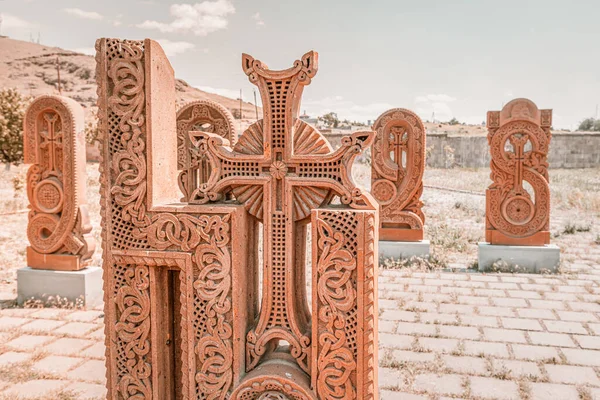 May 2021 Oshakan Armenia Carved Stone Tuff Khachkars Dedicated Letters — Stock Photo, Image