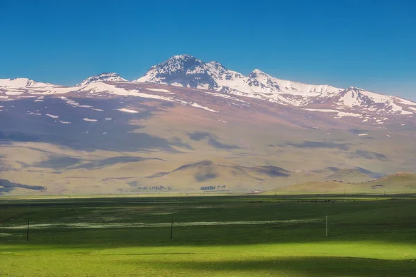 亚美尼亚古老灭绝的阿拉加斯火山及其脚下富饶的山谷 以及早春播下的农田 — 图库照片