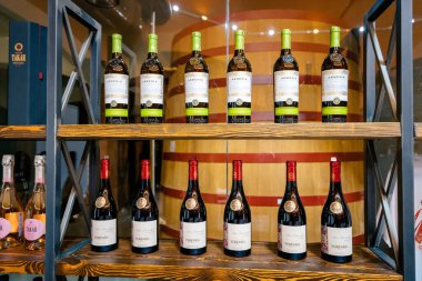 18 Mayıs 2021, Ermenistan Şarap Fabrikası: Bir dükkanda geleneksel Areni üzüm çeşitliliğinden bir marka şarap koleksiyonu