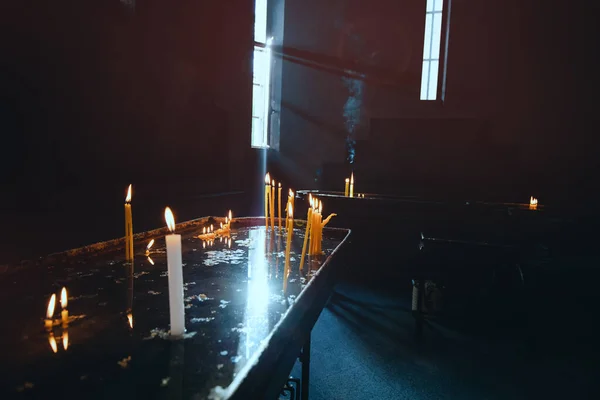 Lot Candles Burning Medieval Dark Catholic Church Rays Light Make — Stock Photo, Image