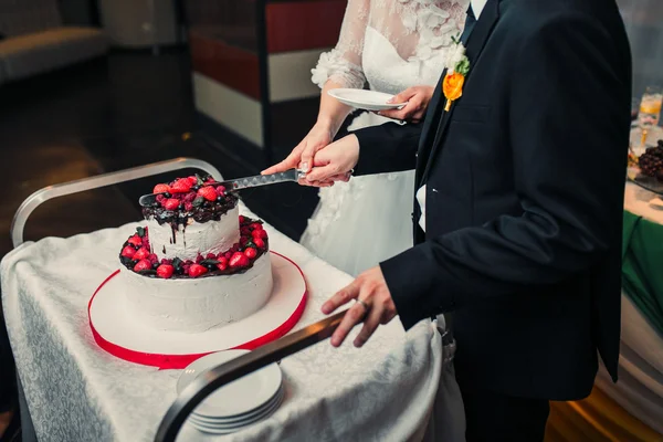 Recém-casados cortando o bolo de casamento — Fotografia de Stock