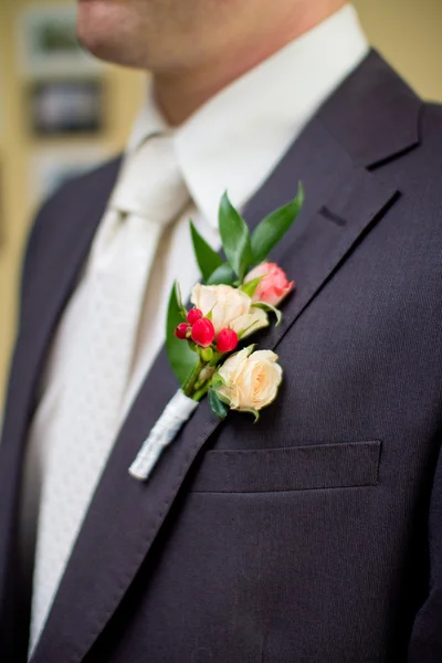 Wedding boutonniere on jacket — Stock Photo, Image