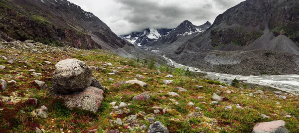 Panorama de un arroyo de montaña, glaciar y rocas — Foto de Stock
