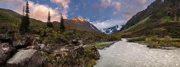 Panorama de un arroyo de montaña, glaciar y rocas — Foto de Stock