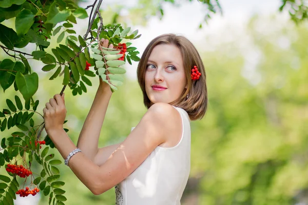 Chica en Parque con ceniza roja de montaña — Foto de Stock