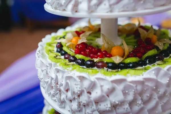 Bílý odstupňovanou dort s kousky plodů a ovoce — Stock fotografie