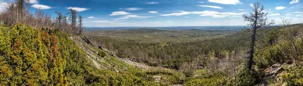 Panoramic view of woman hiker on a rocky mountain. Spring hike t — Stock Photo, Image