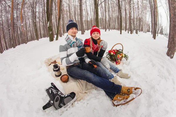 Par i kärlek kramar i Vinterparken och sitter på bla — Stockfoto