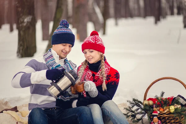 Porträtt av lyckliga par ska dricka varmt te vinterdag — Stockfoto