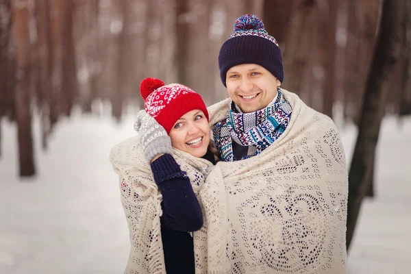 Una coppia amorevole che passeggia nel parco invernale. Gli amanti hanno coperto una coperta — Foto Stock