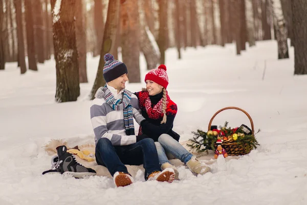 Par i kärlek kramar i Vinterparken och sitter på Pläd på alla hjärtans dag — Stockfoto