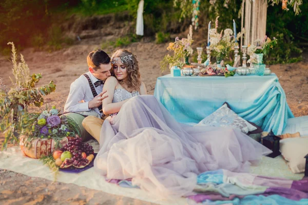 Boho chic couple in love the bride and groom. Wedding inspiratio