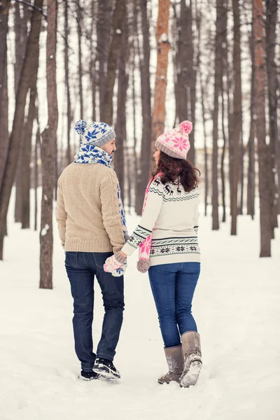 여자와 남자는 산책 하는 데 눈 덮인 겨울 시골에. — 스톡 사진
