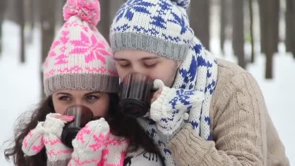 Jovem casal apaixonado em umas férias de inverno apreciando a natureza e bebendo chá quente — Vídeo de Stock