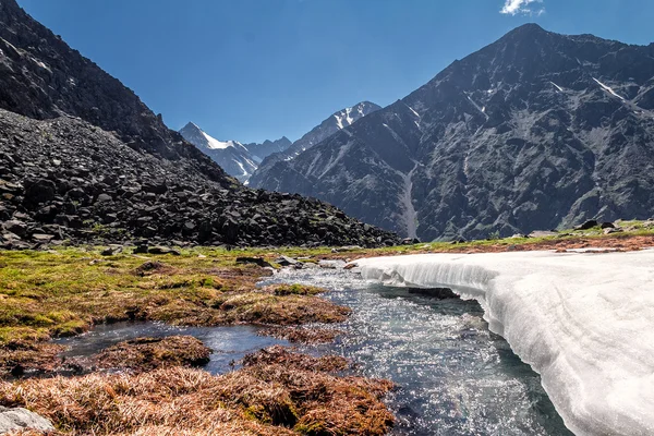 Río de montaña con hielo en primavera temprana en las montañas de Altai — Foto de Stock