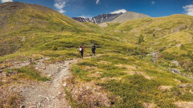 Two hikers walk up on mountain pass, Altai, Russia clipart