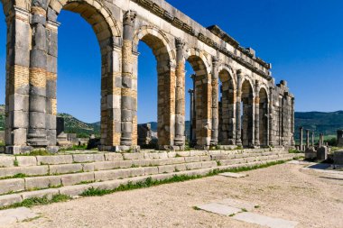 UNESCO mirası. Eski başkent Mauritani 'nin Roma kenti Volubilis' inin engin harabeleri. Meknes bölgesi, Fas, Kuzey Afrika