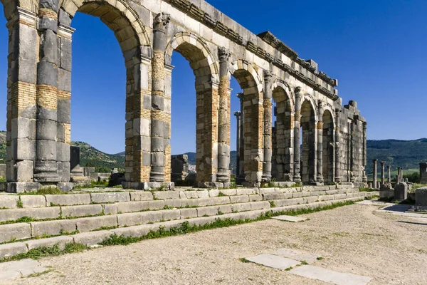 UNESCO mirası. Eski başkent Mauritani 'nin Roma kenti Volubilis' inin engin harabeleri. Meknes bölgesi, Fas, Kuzey Afrika